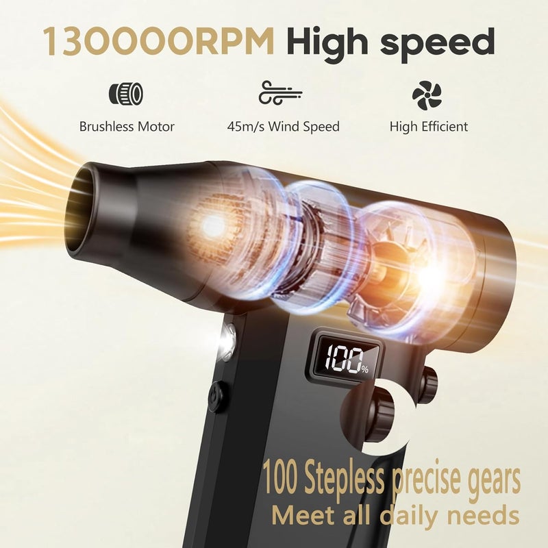 StarFlatYu Compressed Air Duster, 130000RPM 100 Gear Speed Adjustable Electric Air Blower, Brushless Motor Cordless Air Duster with Type-C Fast Charging, for Keyboard, Computer, Car, Home, Outdoor Cleaning - Image 3